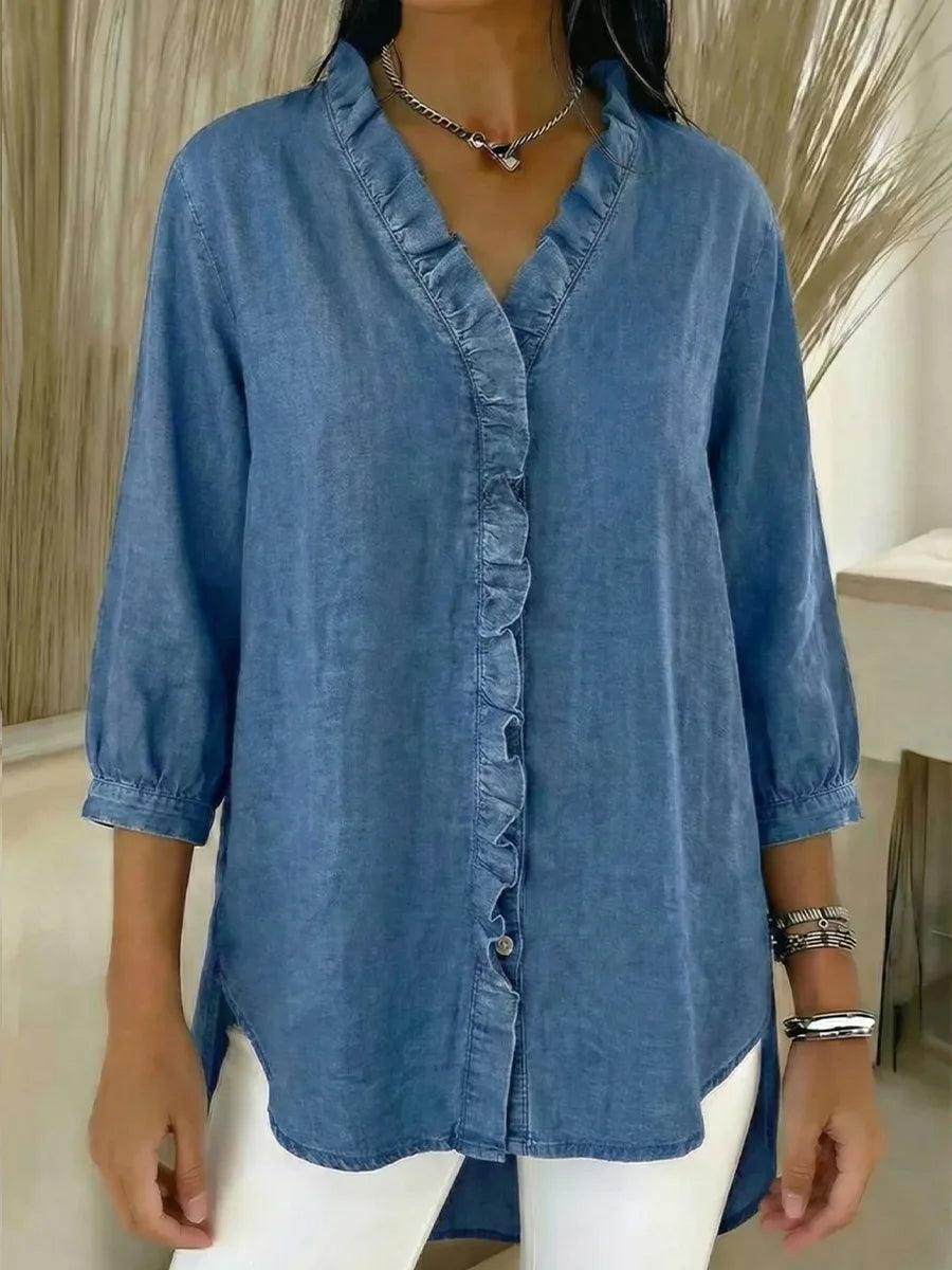 Clara | Frilled Chambray Top