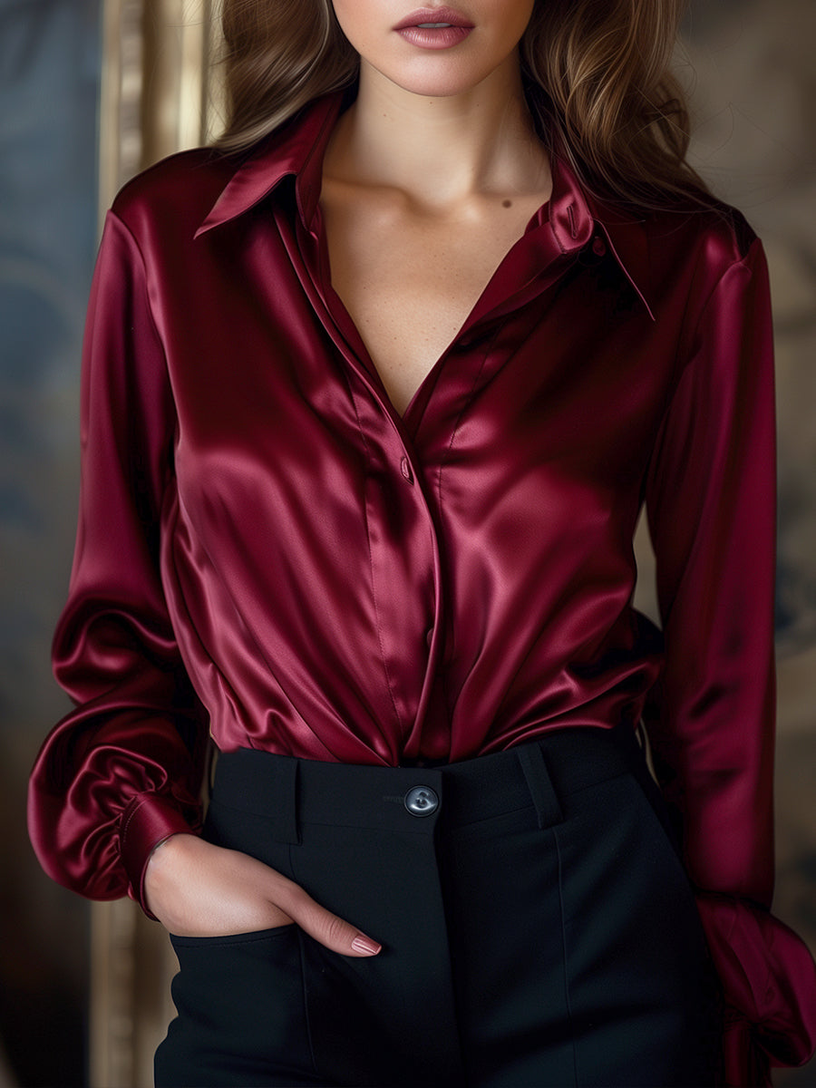 Chic Navy Silk Long Sleeves Top