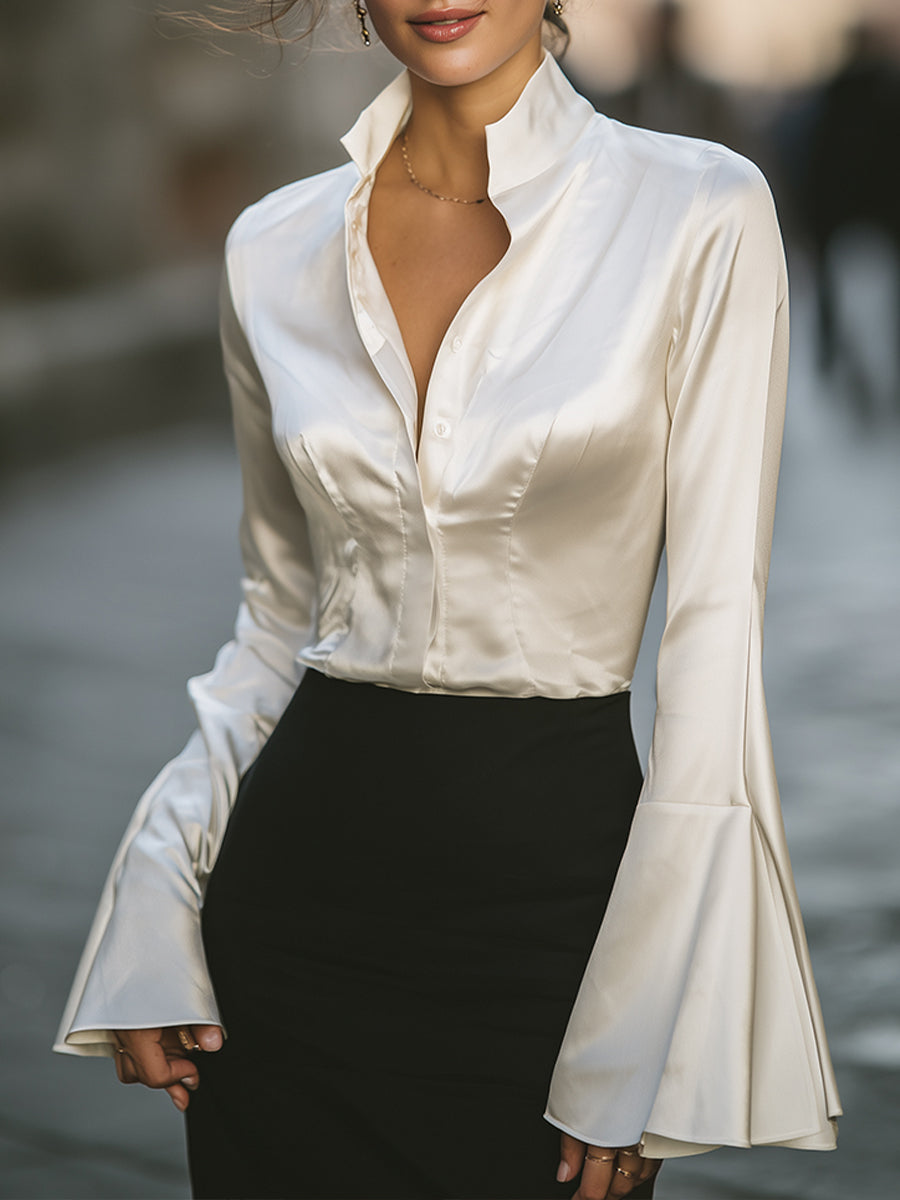 Retro-Style Ruffled-Sleeve Silk Top