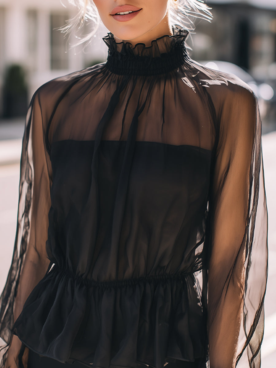 Transparent High Neck Long Sleeve Top