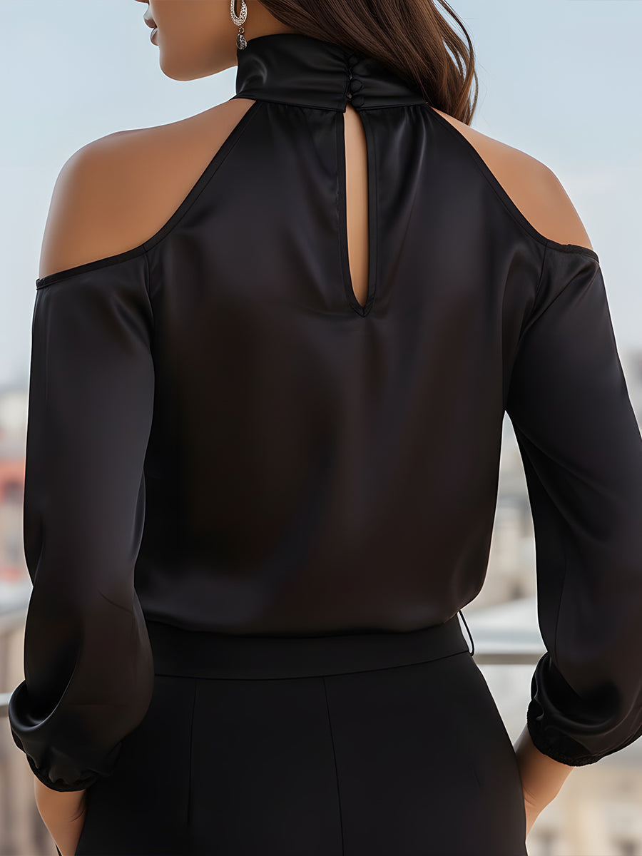 Mock Neck Open-Shoulder Long Sleeve Top