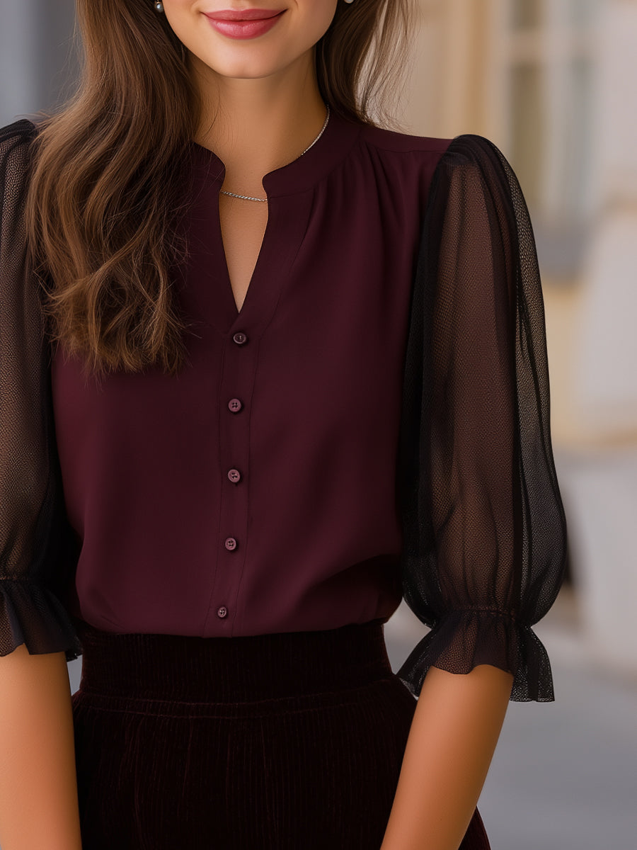 Lightweight Ruffled Sleeve Button-Down Top