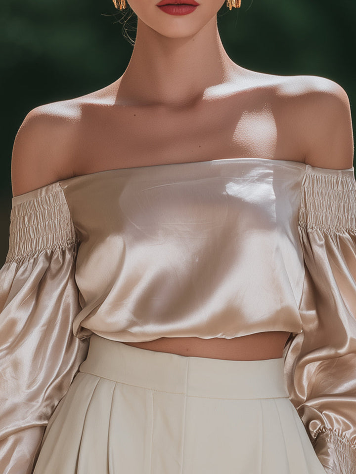 Chiffon-Texture One-Shoulder Top With Ruffled Cuffs