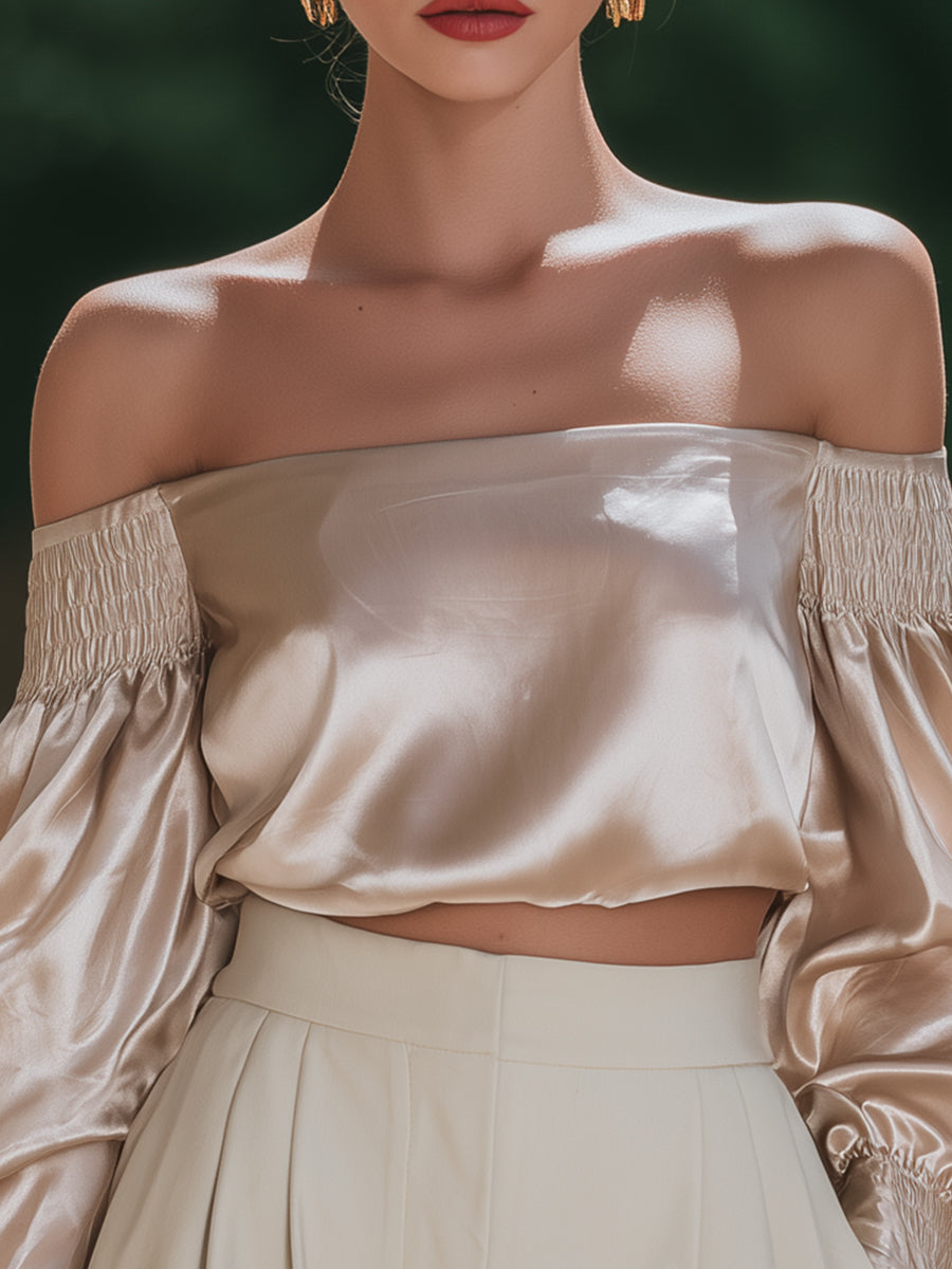 Chiffon-Texture One-Shoulder Top With Ruffled Cuffs
