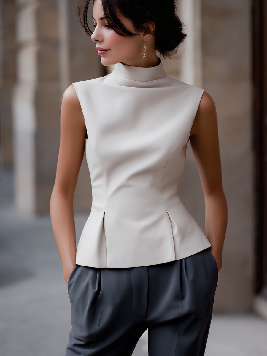 Cap Sleeve Mock Neck A-Line Cut Structured Top