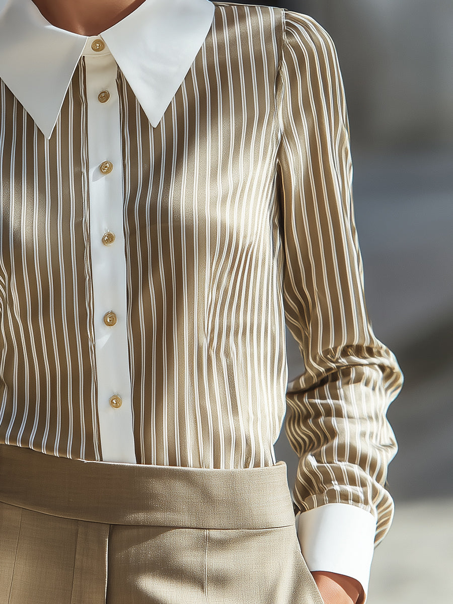 Long Sleeve Color Block Collar Striped Top