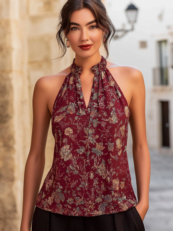 Halter-Neck Floral Pattern Top Featuring Keyhole Accent