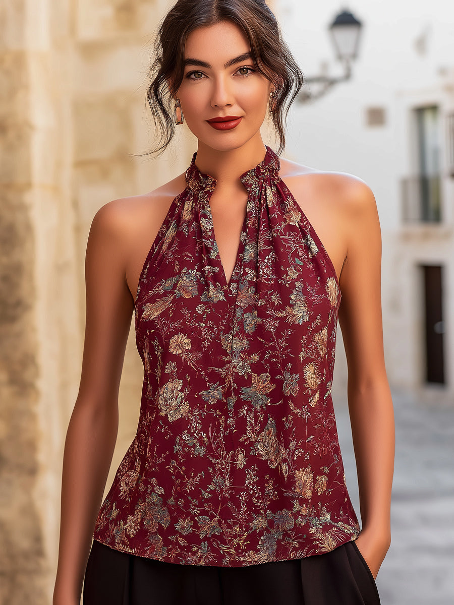 Halter-Neck Floral Pattern Top Featuring Keyhole Accent