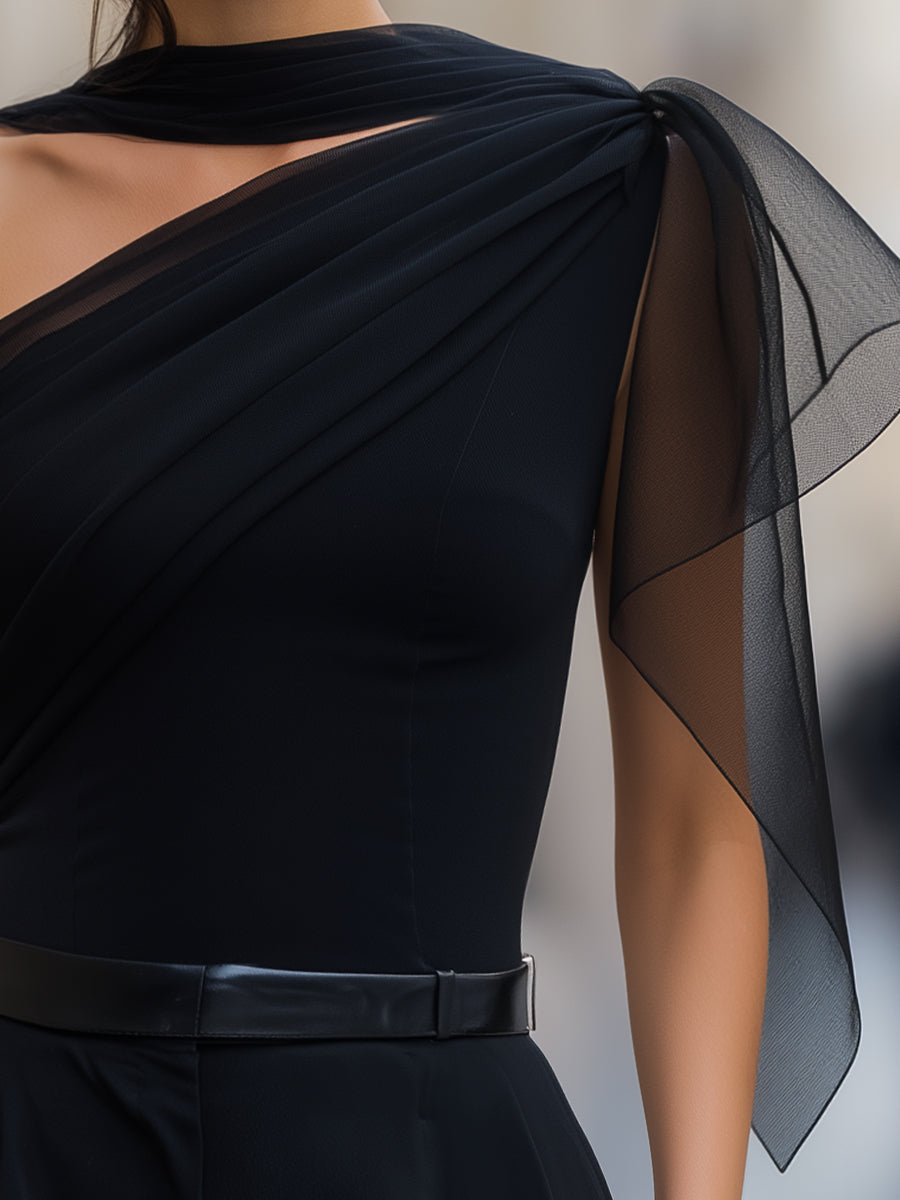 One-Shoulder Silk-Panel Gathered Top Blouse