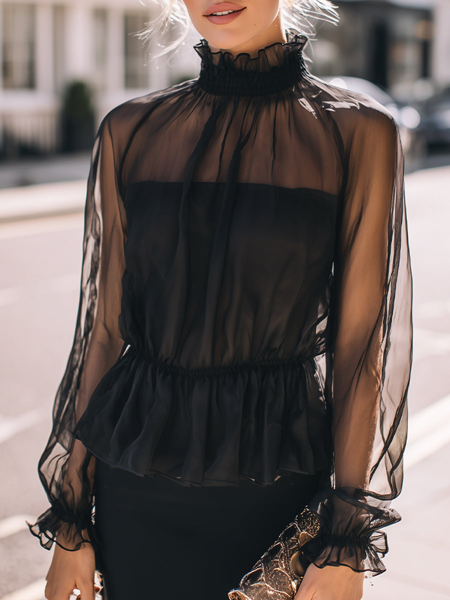 Transparent High Neck Long Sleeve Top