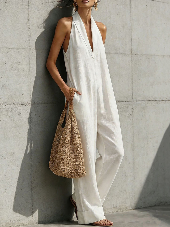 High Waisted Sleeveless Pockets Solid Color V-Neck Jumpsuits