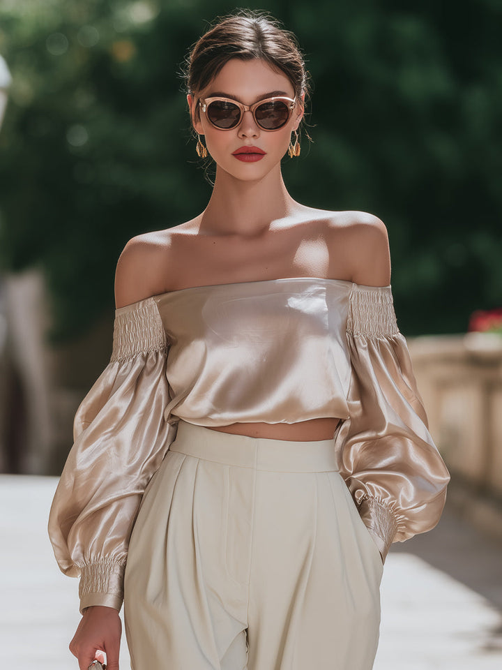 Chiffon-Texture One-Shoulder Top With Ruffled Cuffs