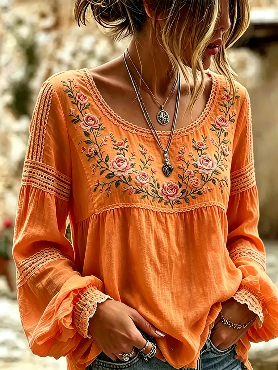 Mireille | Linen Blouse with Rose Embroidery, Square Neck & Lace Inserts