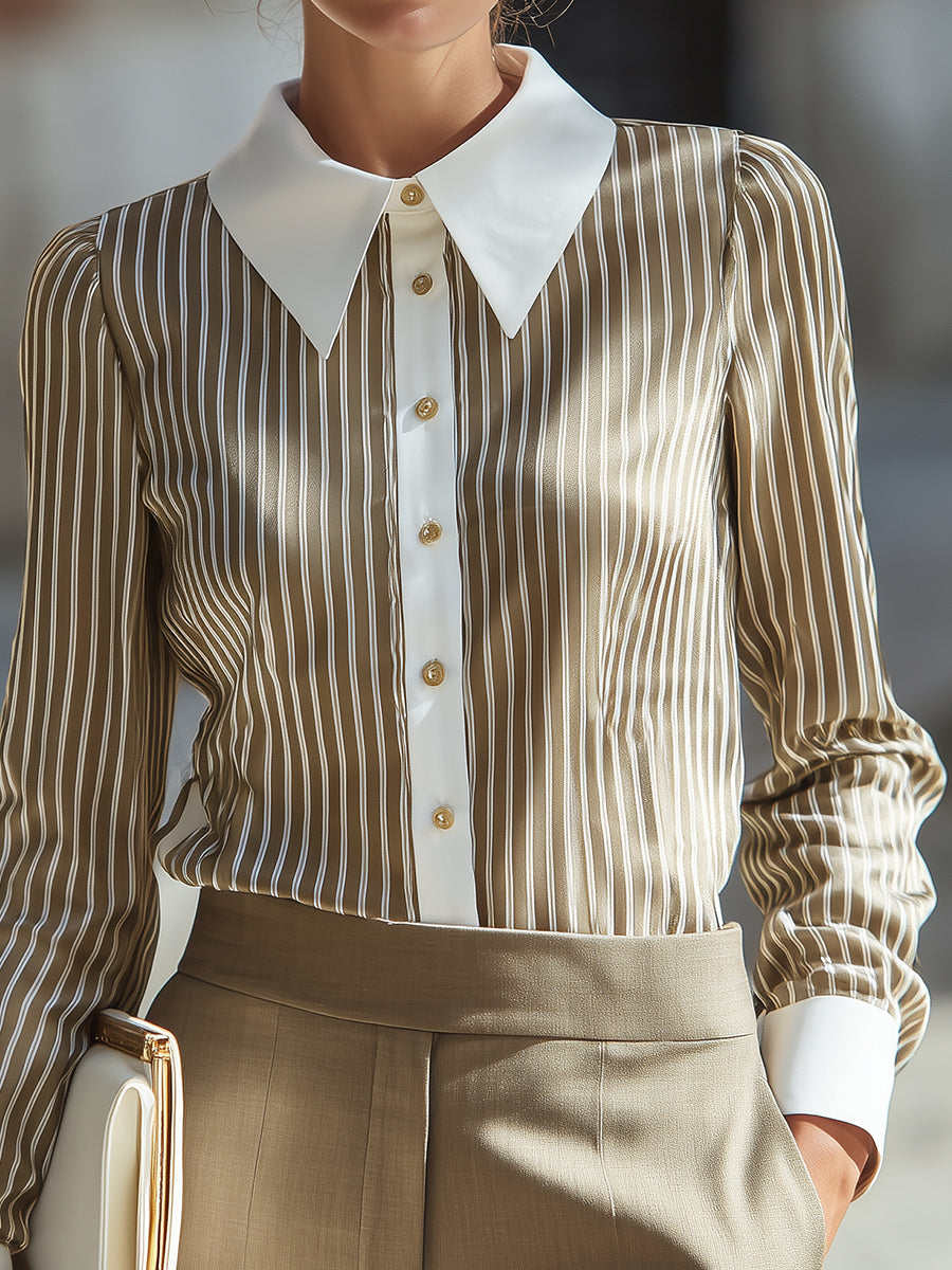 Long Sleeve Color Block Collar Striped Top