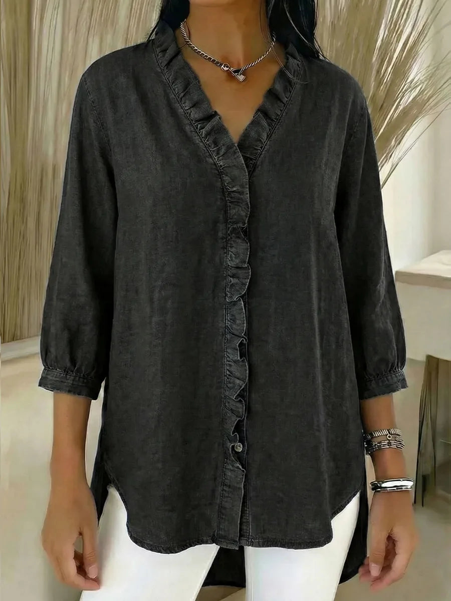 Clara | Frilled Chambray Top