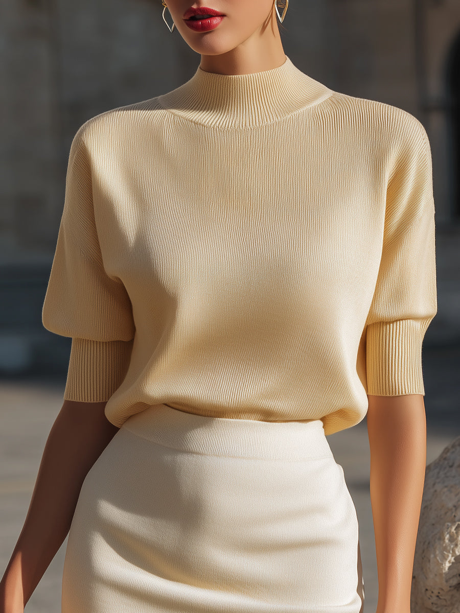 Textured High-Collar Short-Sleeve Knit Blouse