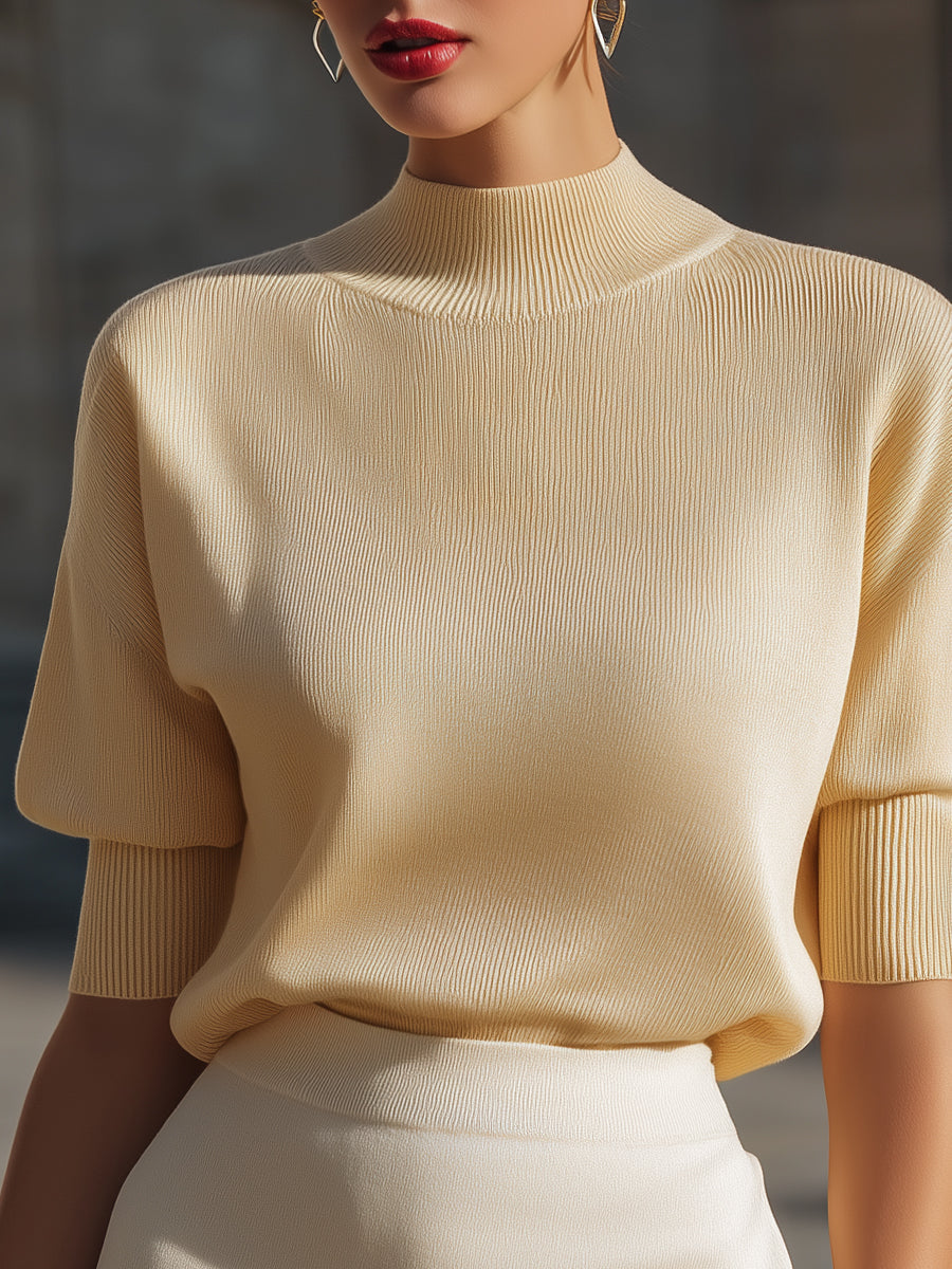 Textured High-Collar Short-Sleeve Knit Blouse