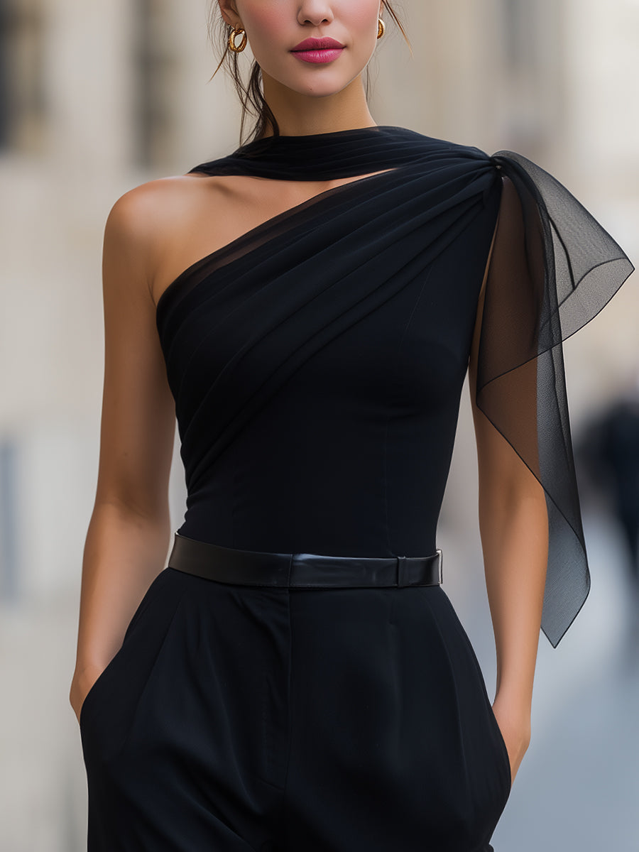 One-Shoulder Silk-Panel Gathered Top Blouse