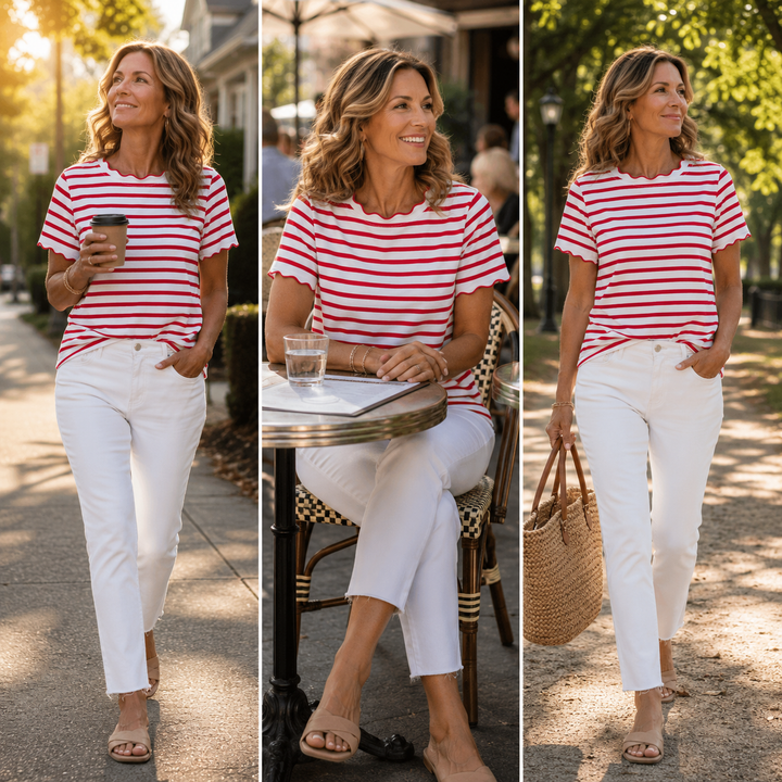 Women's Scalloped Crew Neck Striped T-Shirt