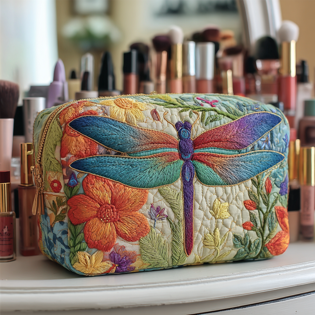 Elise | Golden Dragonfly Quilted Cosmetic Bag
