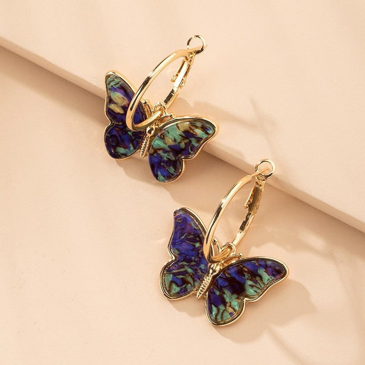 Golden Hoop Earrings with Multicoloured Butterflies