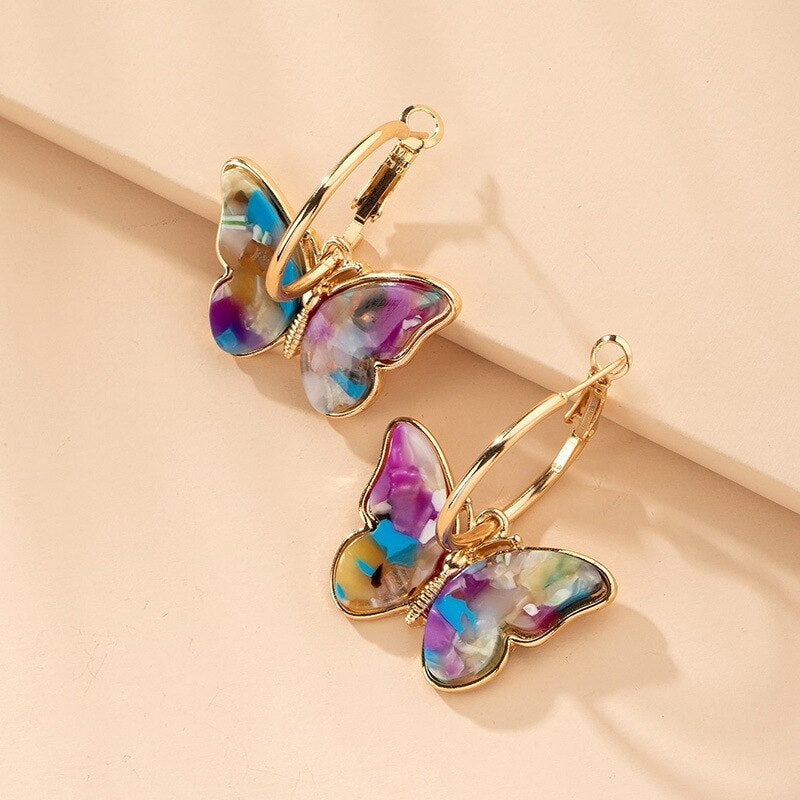 Golden Hoop Earrings with Multicoloured Butterflies