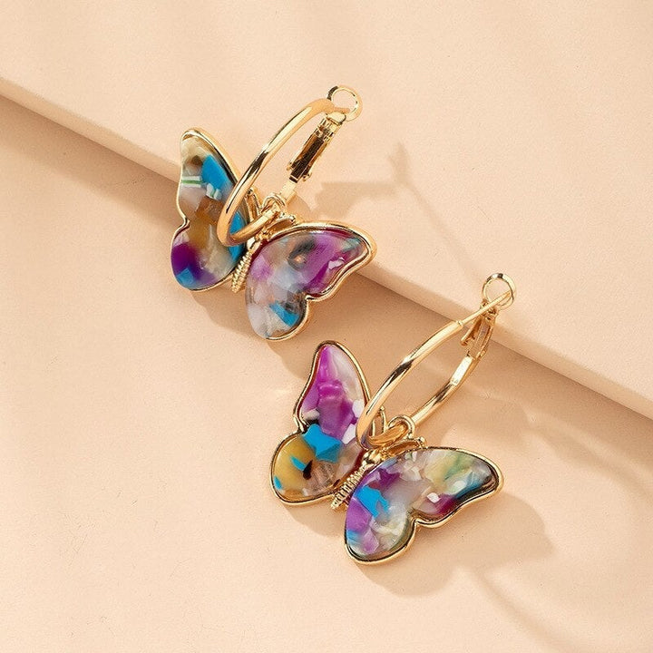 Golden Hoop Earrings with Multicoloured Butterflies