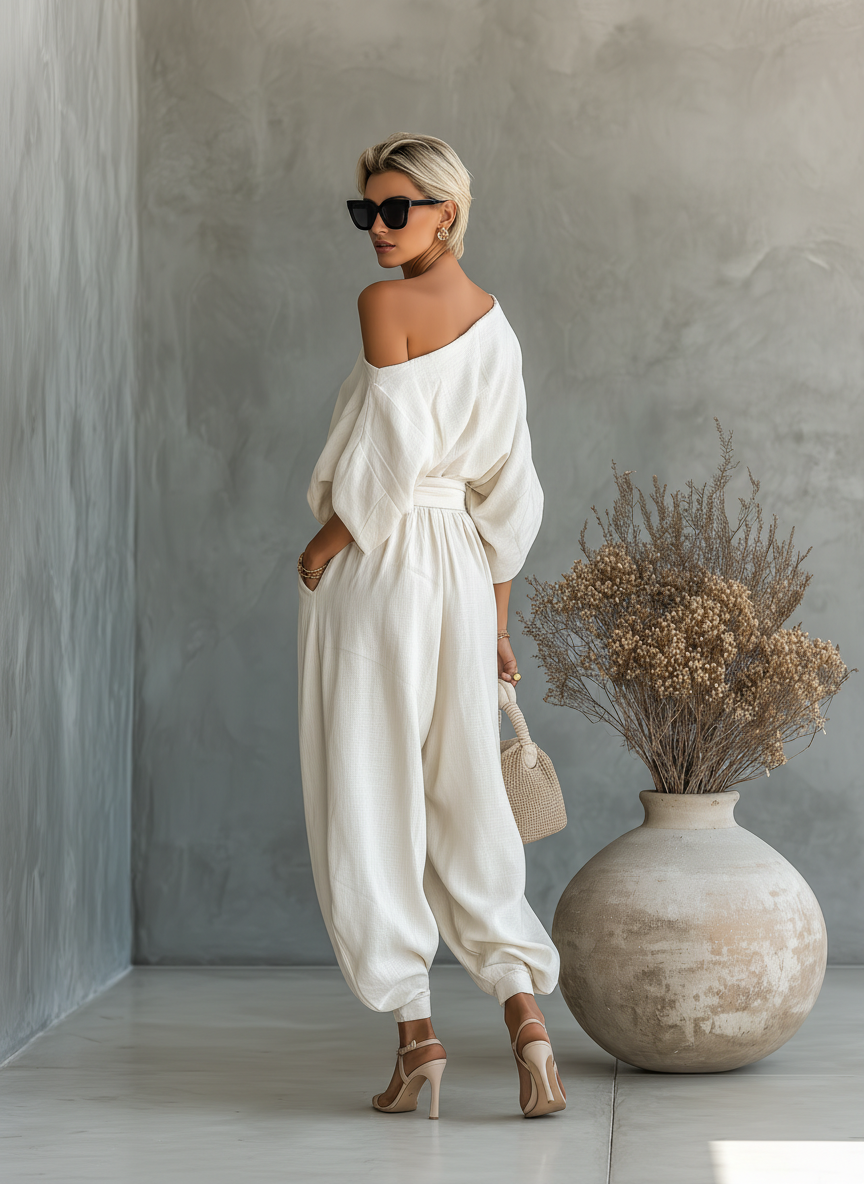 Women's Beige Ensemble featuring Off-Shoulder Blouse and Slim-Fit Trousers