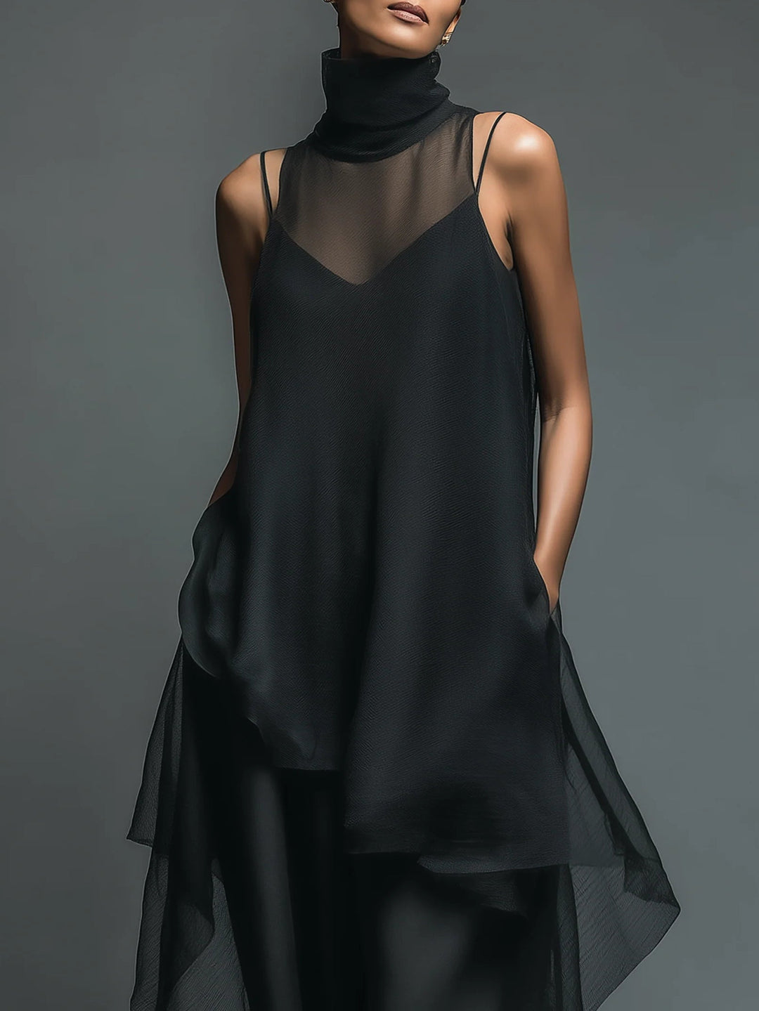 Monica | Faux Acetate Slip Dress with Chiffon Overlay