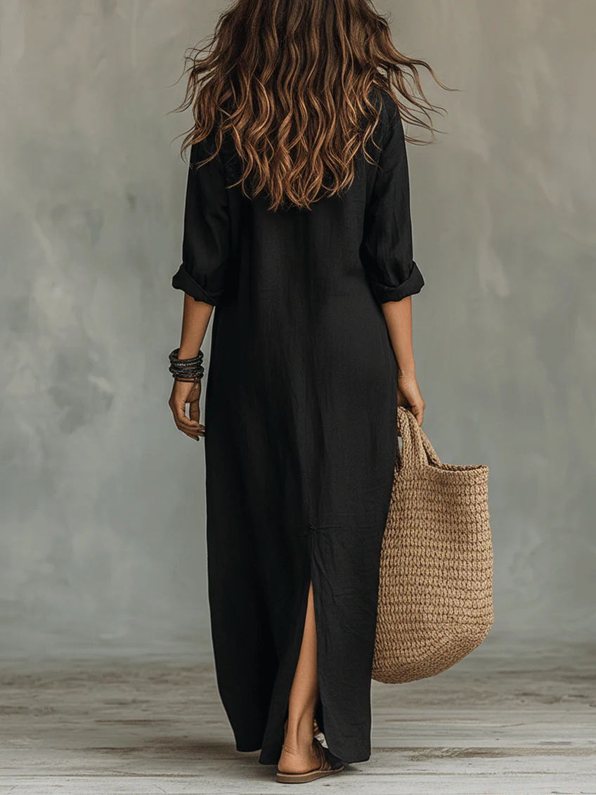 Soline™ | Flowing Navy Blue Maxi Dress with Pockets