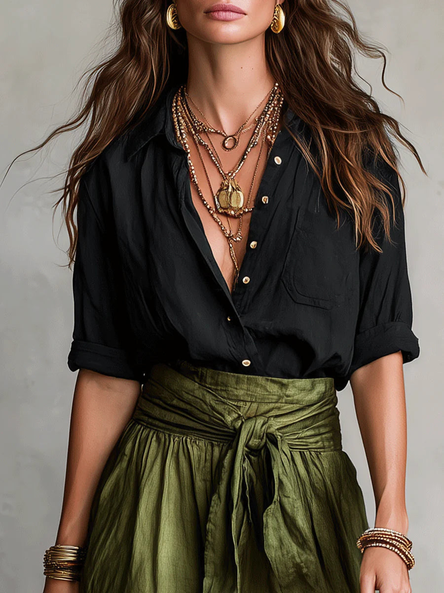 Vera™ | Two-Piece Set: White Blouse and Navy Blue Maxi Skirt