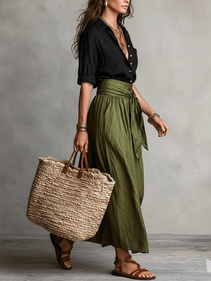 Vera™ | Two-Piece Set: White Blouse and Navy Blue Maxi Skirt