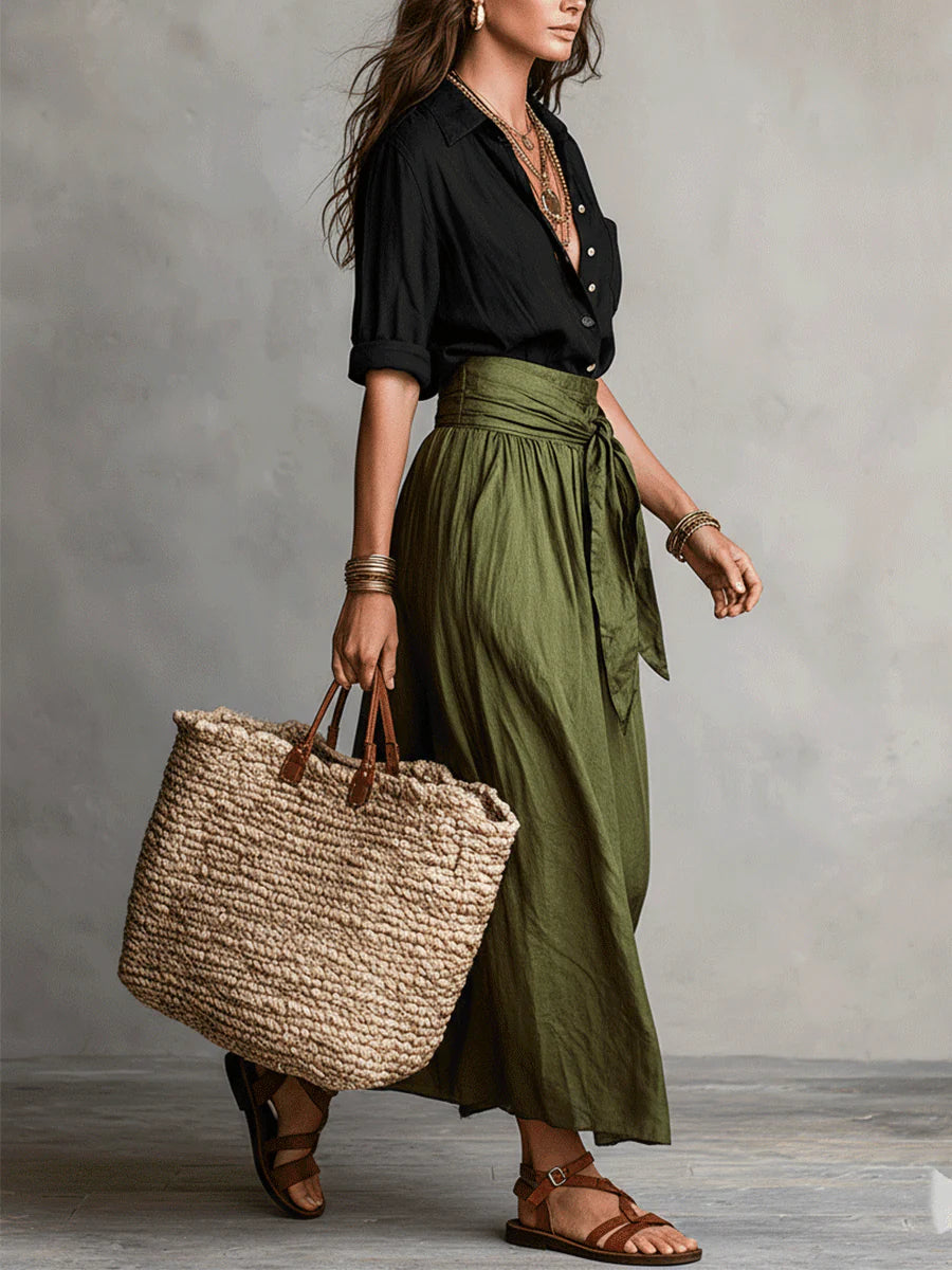 Vera™ | Two-Piece Set: White Blouse and Navy Blue Maxi Skirt