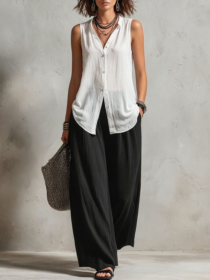 Monique | Three-Piece Set: Chiffon Layered Cardigan & High-Waist Wide-Leg Pants