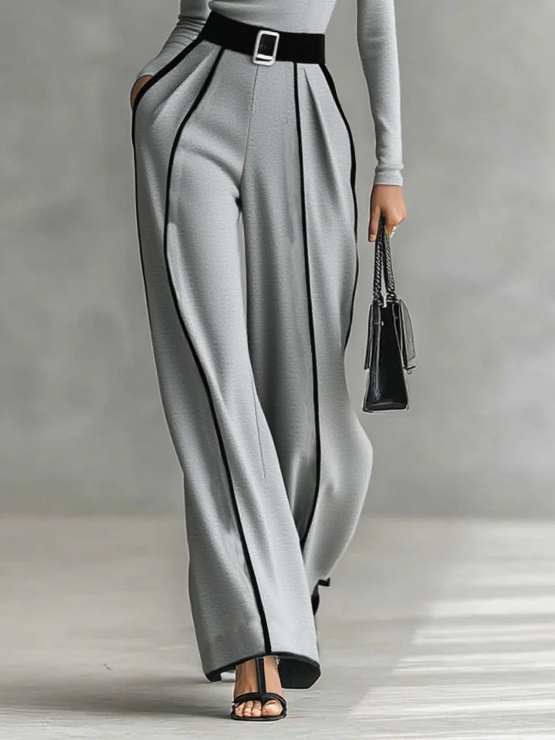 Solana - Long Sleeve Mock Neck Top and Flared Trousers Set with Waist Tie