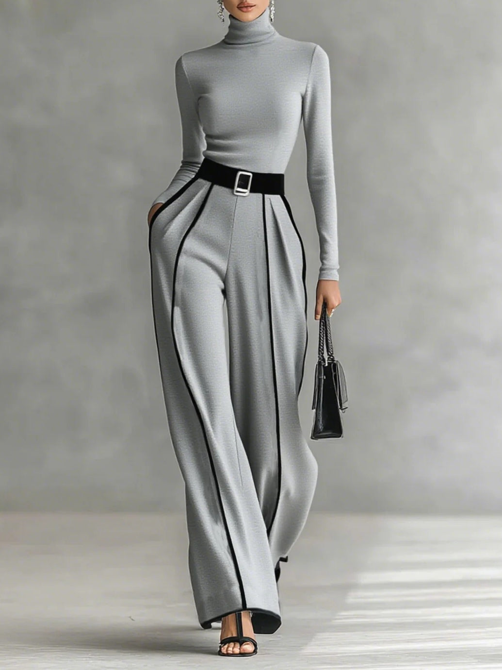 Solana - Long Sleeve Mock Neck Top and Flared Trousers Set with Waist Tie