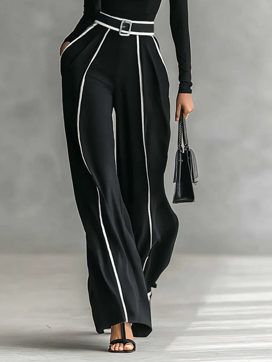 Solana - Long Sleeve Mock Neck Top and Flared Trousers Set with Waist Tie