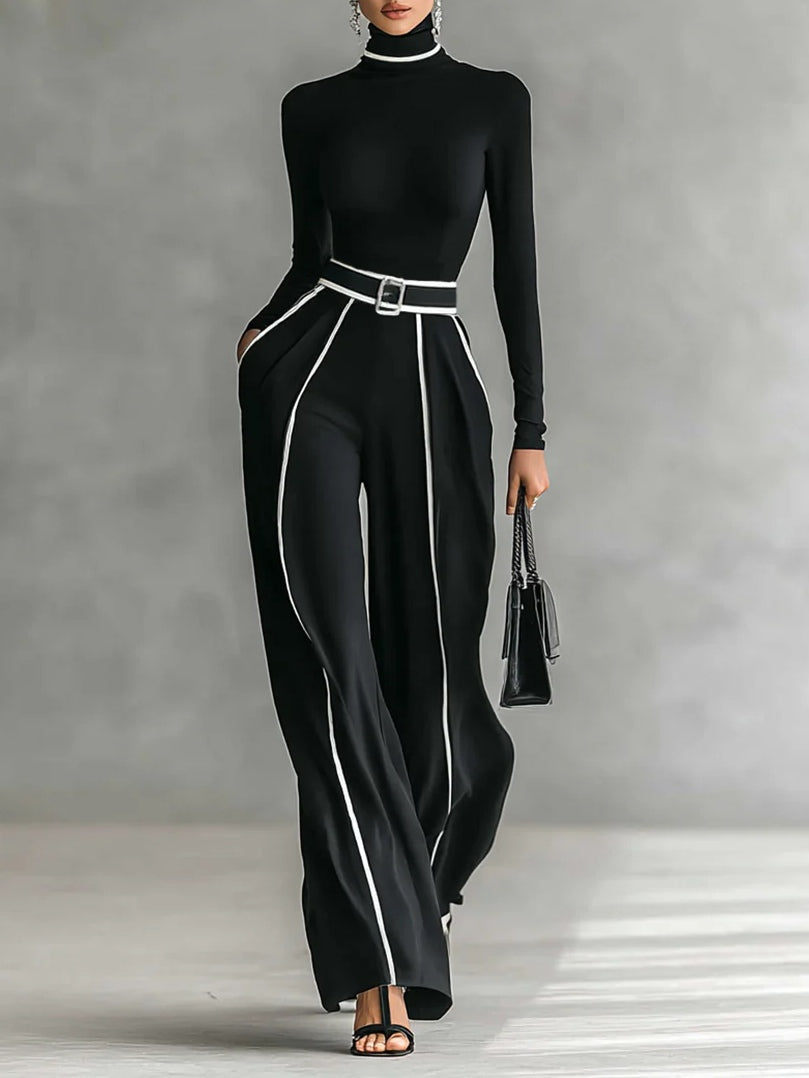 Solana - Long Sleeve Mock Neck Top and Flared Trousers Set with Waist Tie