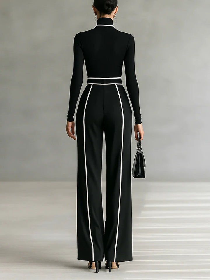 Solana - Long Sleeve Mock Neck Top and Flared Trousers Set with Waist Tie