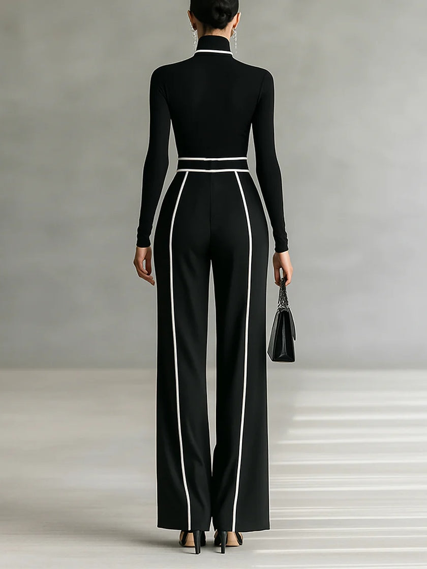 Solana - Long Sleeve Mock Neck Top and Flared Trousers Set with Waist Tie