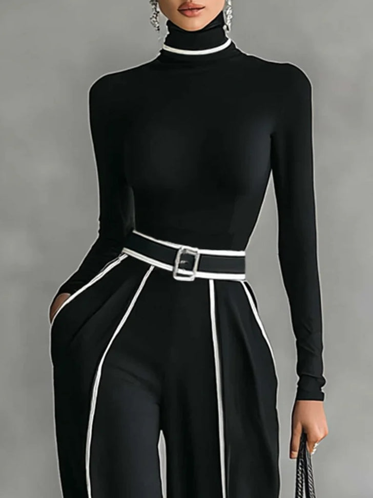 Solana - Long Sleeve Mock Neck Top and Flared Trousers Set with Waist Tie