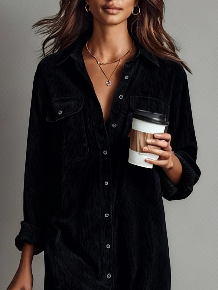 Jessy - Relaxed Fit Corduroy Double Pocket Button-Up Midi Dress