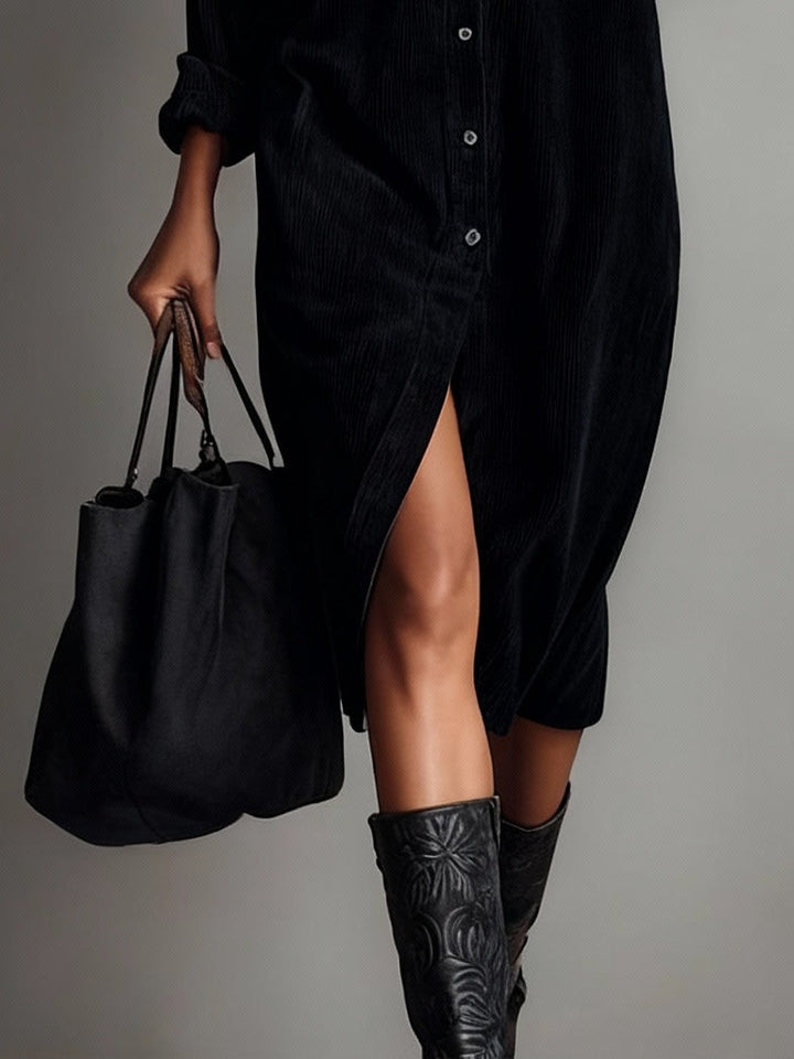 Jessy - Relaxed Fit Corduroy Double Pocket Button-Up Midi Dress