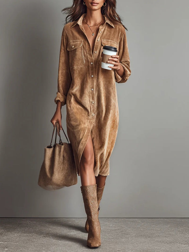 Jessy - Relaxed Fit Corduroy Double Pocket Button-Up Midi Dress
