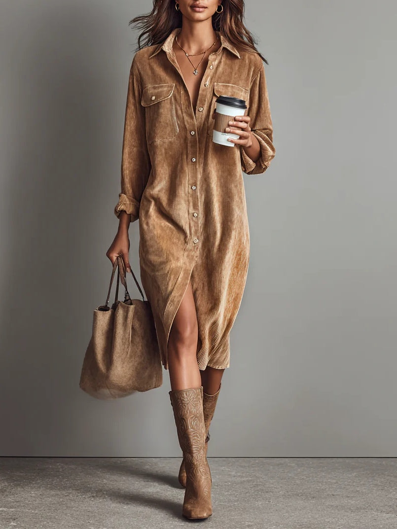 Jessy - Relaxed Fit Corduroy Double Pocket Button-Up Midi Dress