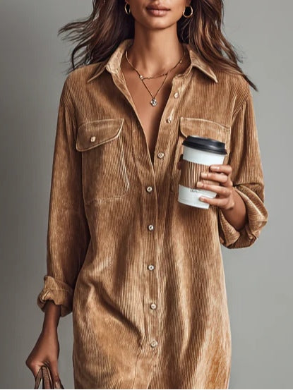Jessy - Relaxed Fit Corduroy Double Pocket Button-Up Midi Dress