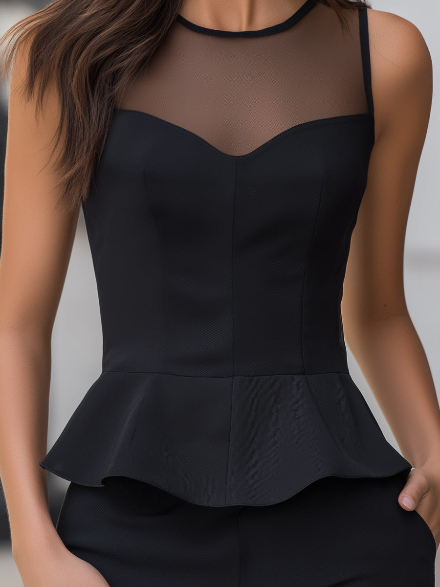 Chiffon Yoke Sleeveless Ruffle Blouse