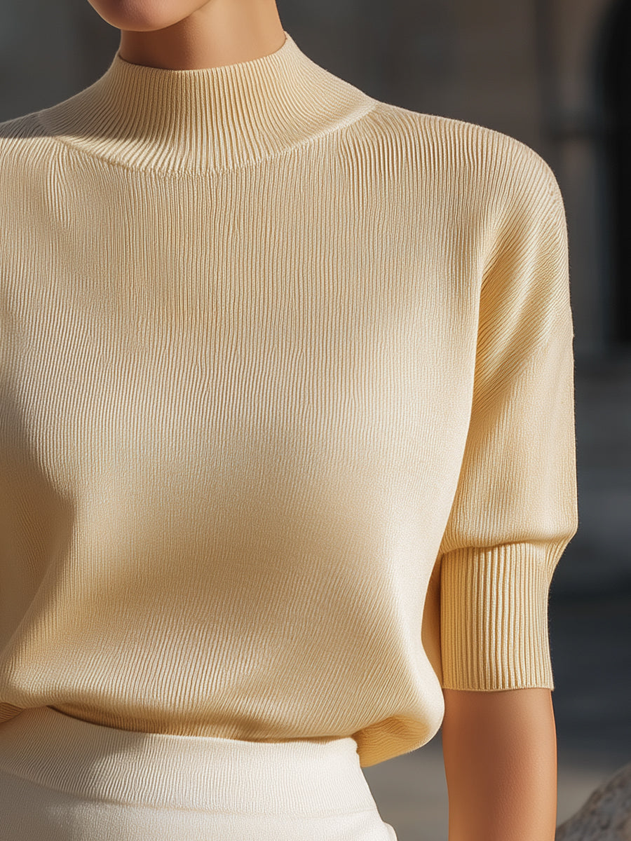 Textured High-Collar Short-Sleeve Knit Blouse