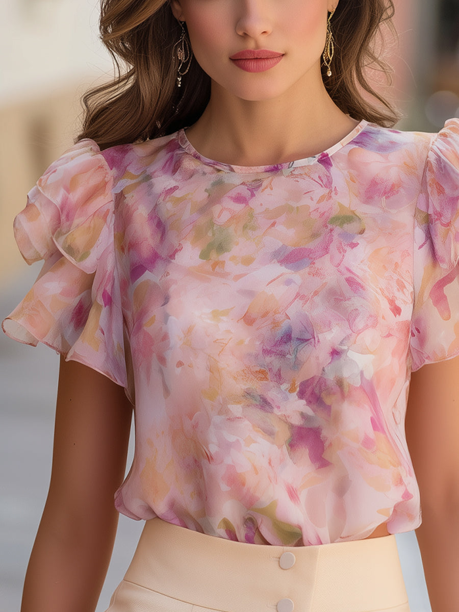 Botanical Print Ruffle Sleeve Silk Top