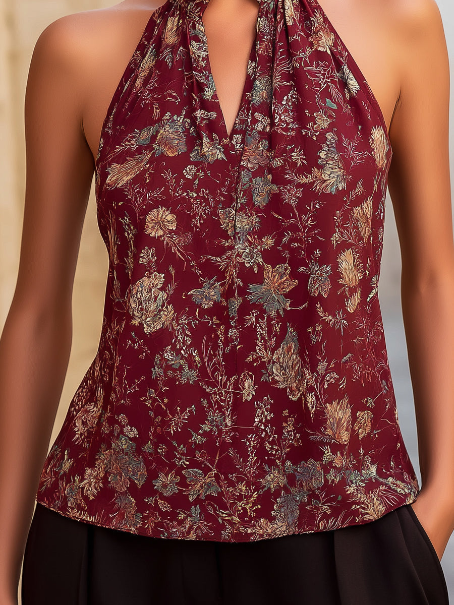 Halter-Neck Floral Pattern Top Featuring Keyhole Accent